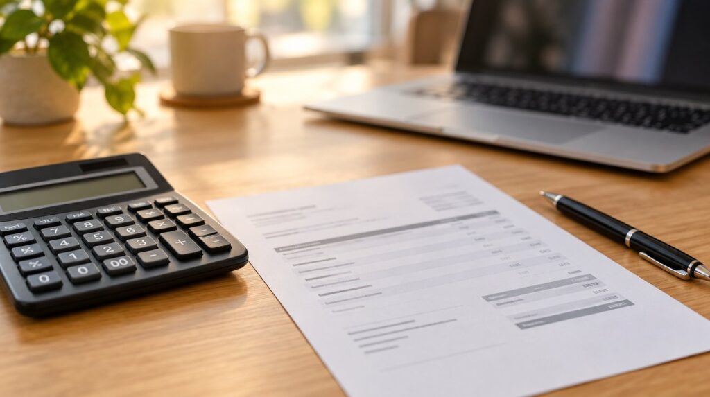 Calculadora e nota fiscal sem texto legível sobre mesa de madeira